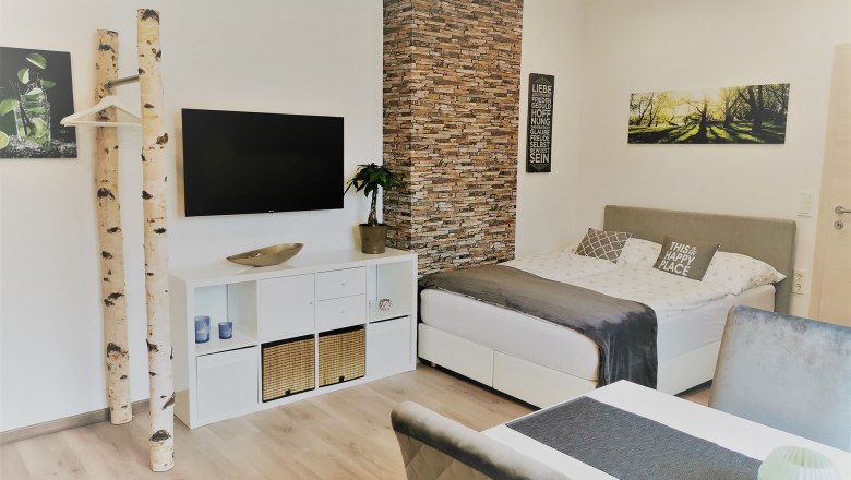 Wohnschlafraum mit Bett/TV, © Apartment Sonne, Fotograf Mag. Verena Schrammel