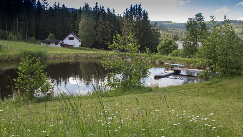 Badeteich & Hausansicht, © Chalet-Nordwald, Fotograf Angela Hauler